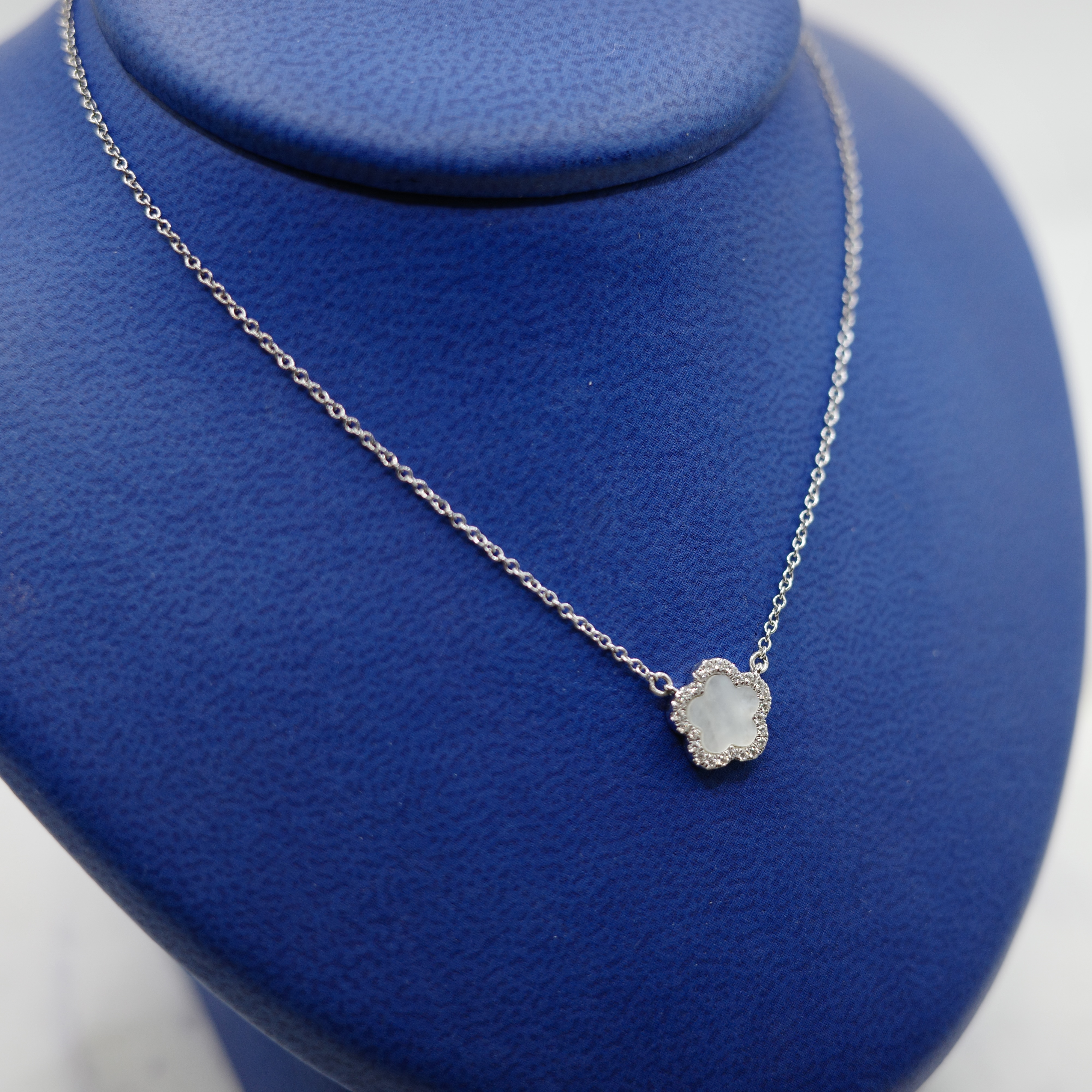 Mother of Pearl and Diamond (0.09 ctw) Pendant Set in 14kt White Gold on 14kt White Gold Chain.