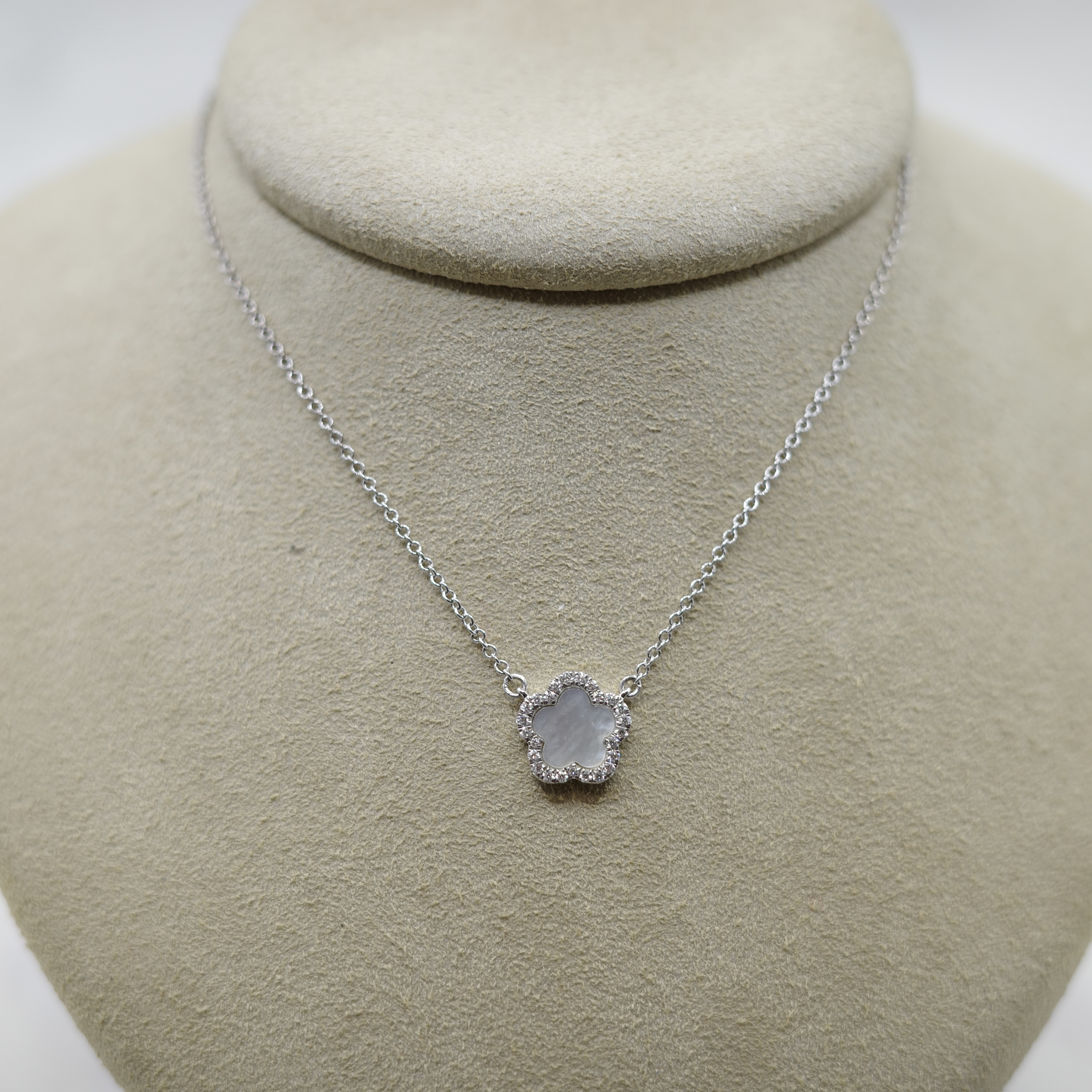 Mother of Pearl and Diamond (0.09 ctw) Pendant Set in 14kt White Gold on 14kt White Gold Chain.