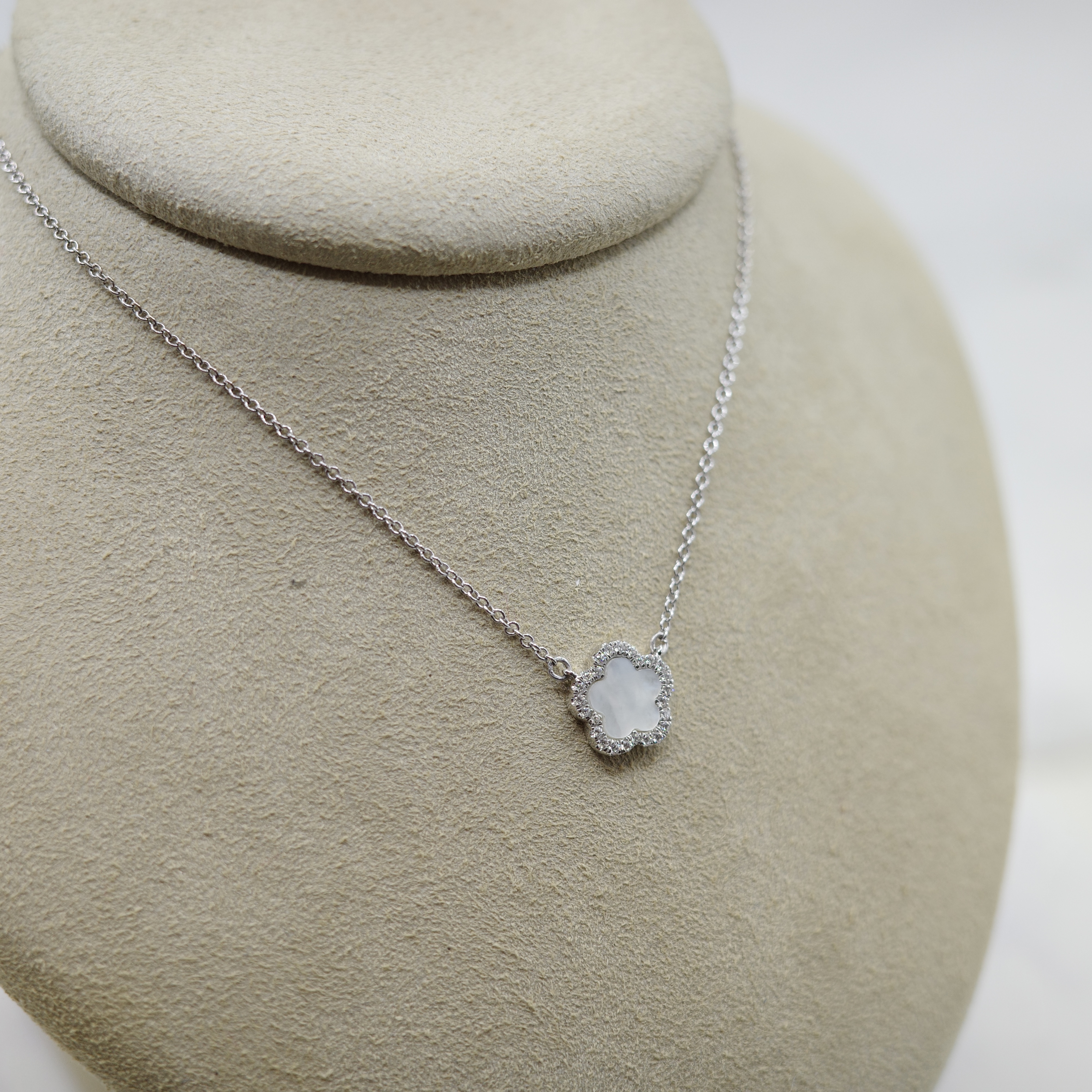 Mother of Pearl and Diamond (0.09 ctw) Pendant Set in 14kt White Gold on 14kt White Gold Chain.