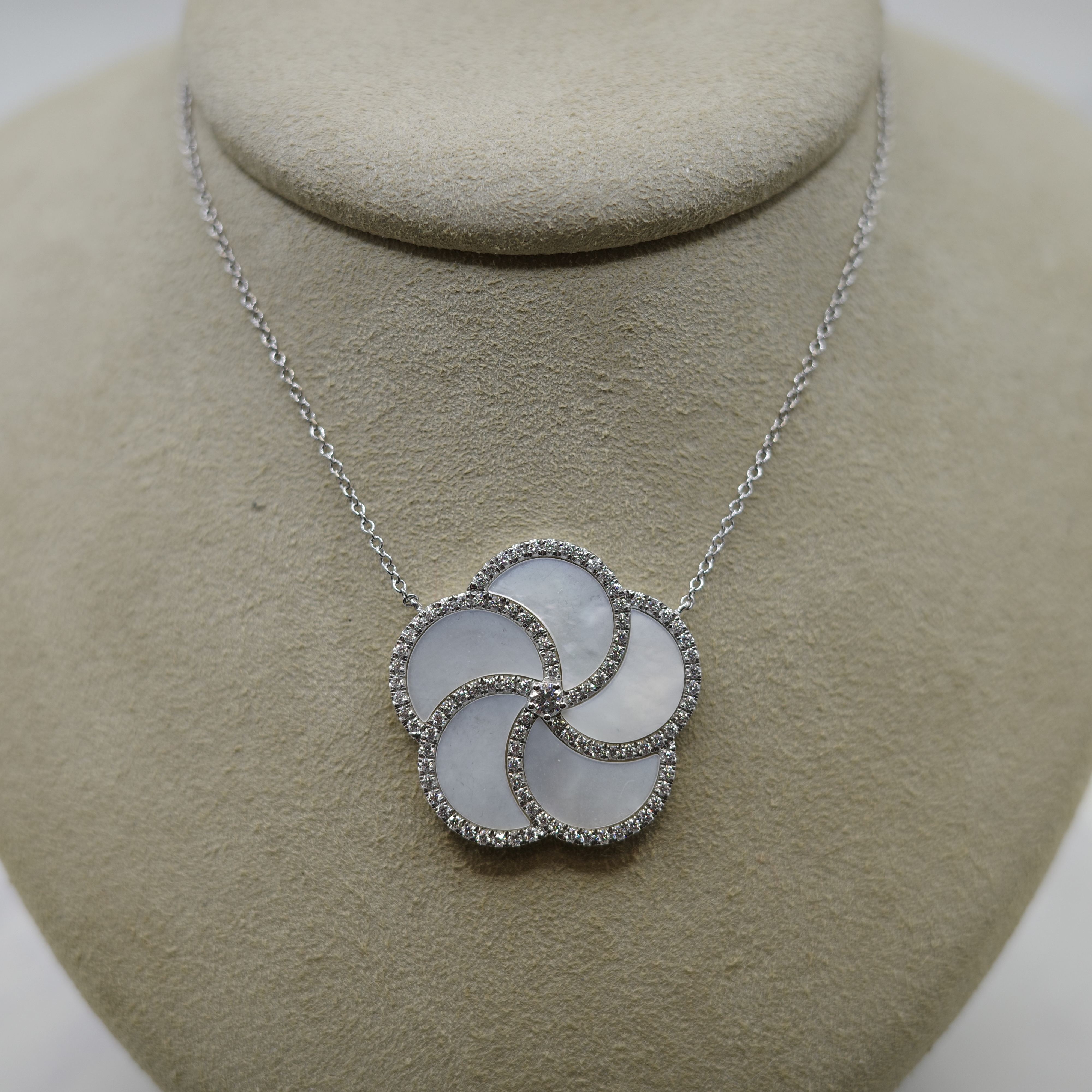 Mother of Pearl and Diamond (0.49 ctw) Pendant Set in 14kt White Gold on 14kt White Gold Chain