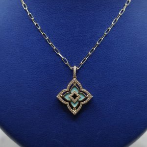 Turquoise (0.89 ctw) and Diamond (0.46 ctw) Pendant Set in 14kt Yellow Gold on 14kt Yellow Gold Chain