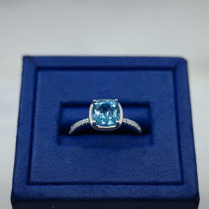 Southwest Blue Topaz (1.82 ctw) Set in 14kt White Gold Ring with Diamonds (0.07 ctw)