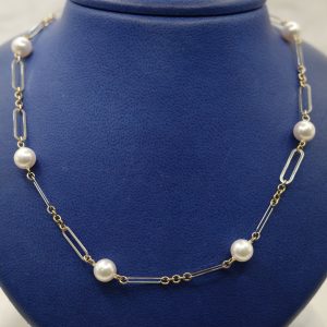 Pearls (8, 7.5mm) on 22" 14kt Yellow Gold Necklace