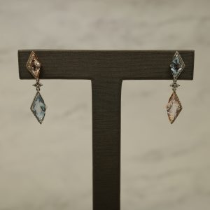 Morganite, Aquamarine, and Diamond Dangle Earrings Set in 18kt Two-toned White and Rose Gold