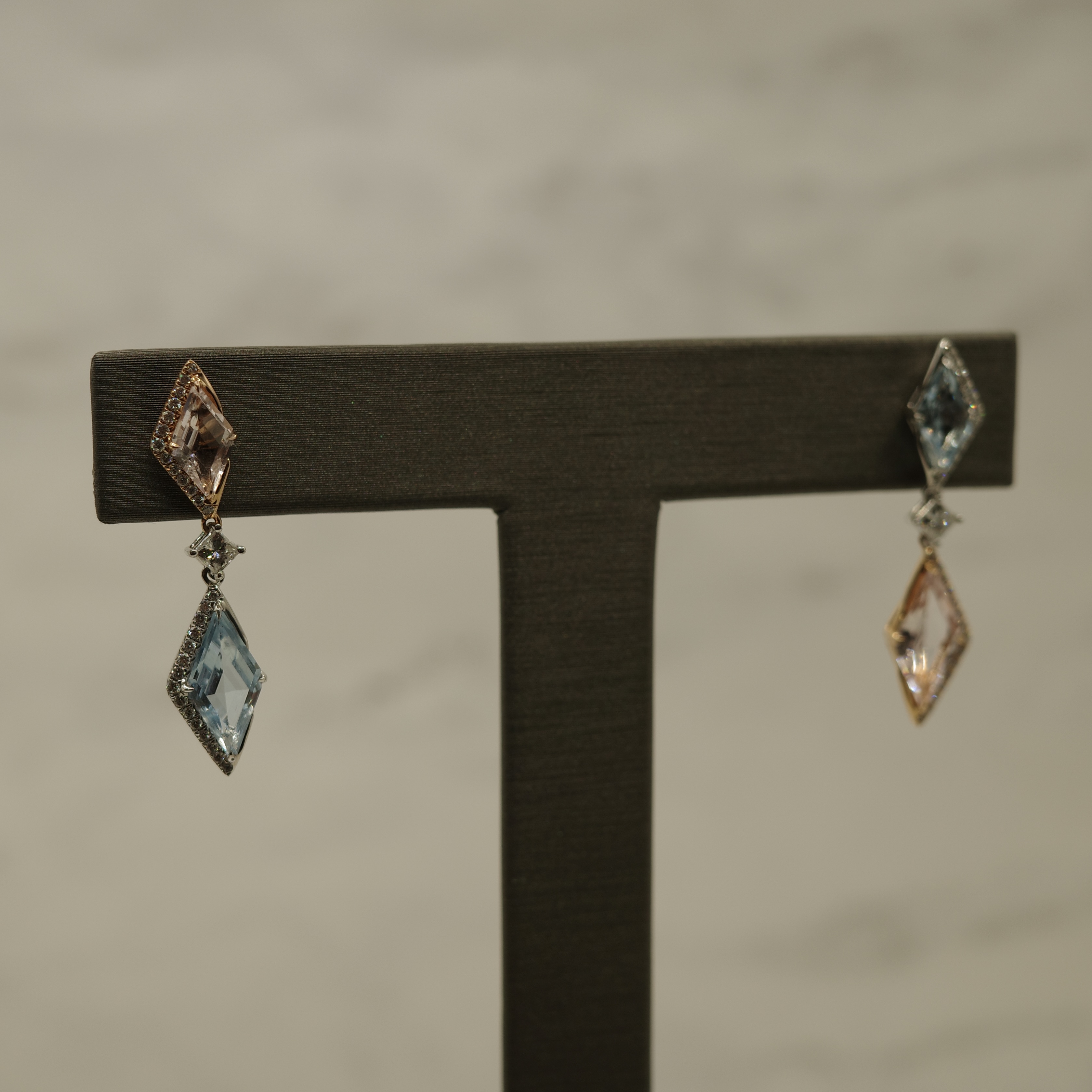 Morganite, Aquamarine, and Diamond Dangle Earrings Set in 18kt Two-toned White and Rose Gold