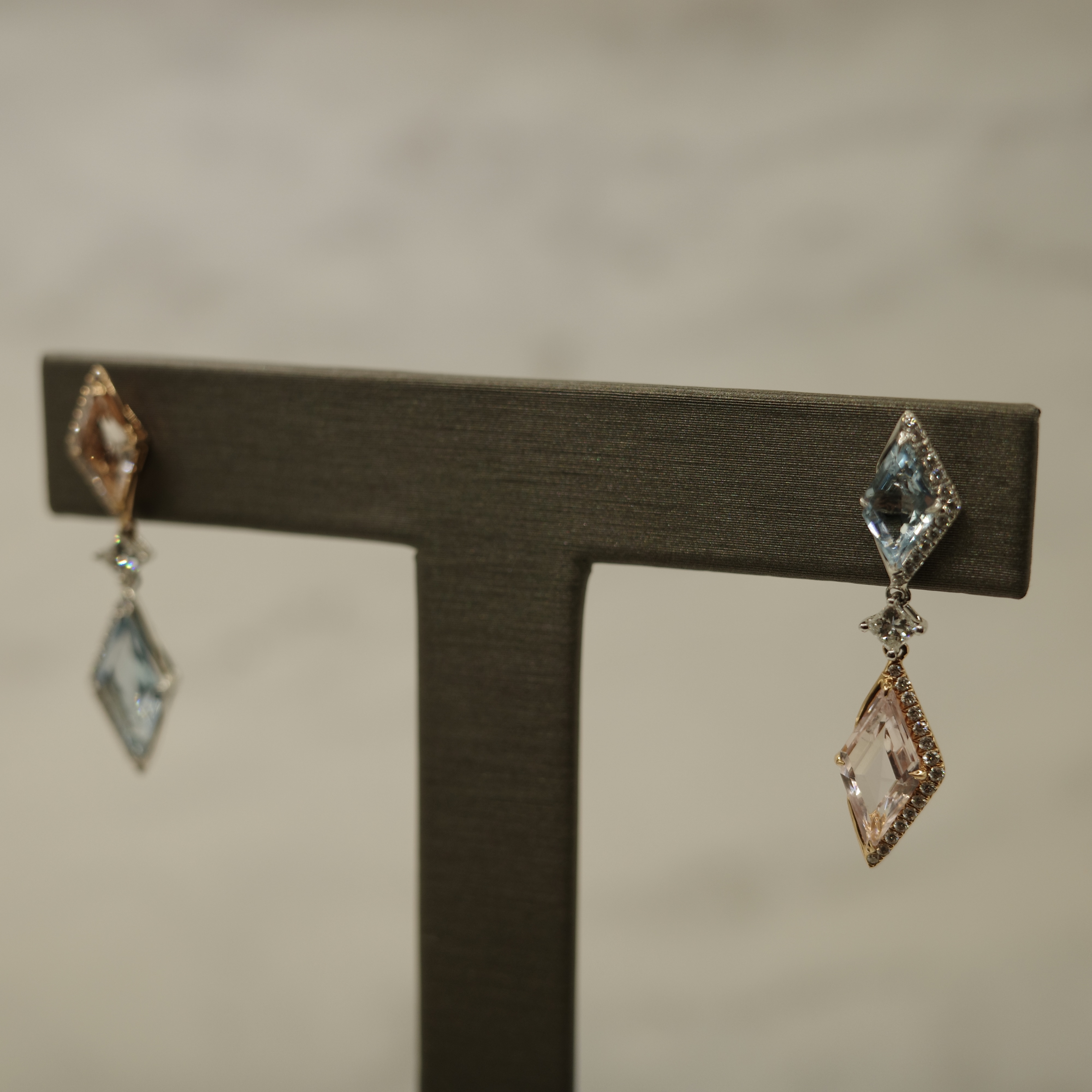 Morganite, Aquamarine, and Diamond Dangle Earrings Set in 18kt Two-toned White and Rose Gold