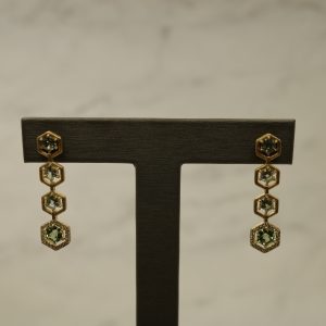 Tourmaline, Sapphire, and Diamonds Set in 18kt Yellow Gold Dangle Earrings