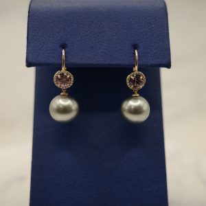 Dangle Earrings with Tahitian Pearls (11mm), Diamonds (0.98 ctw), and Spinel set in 18kt Rose Gold